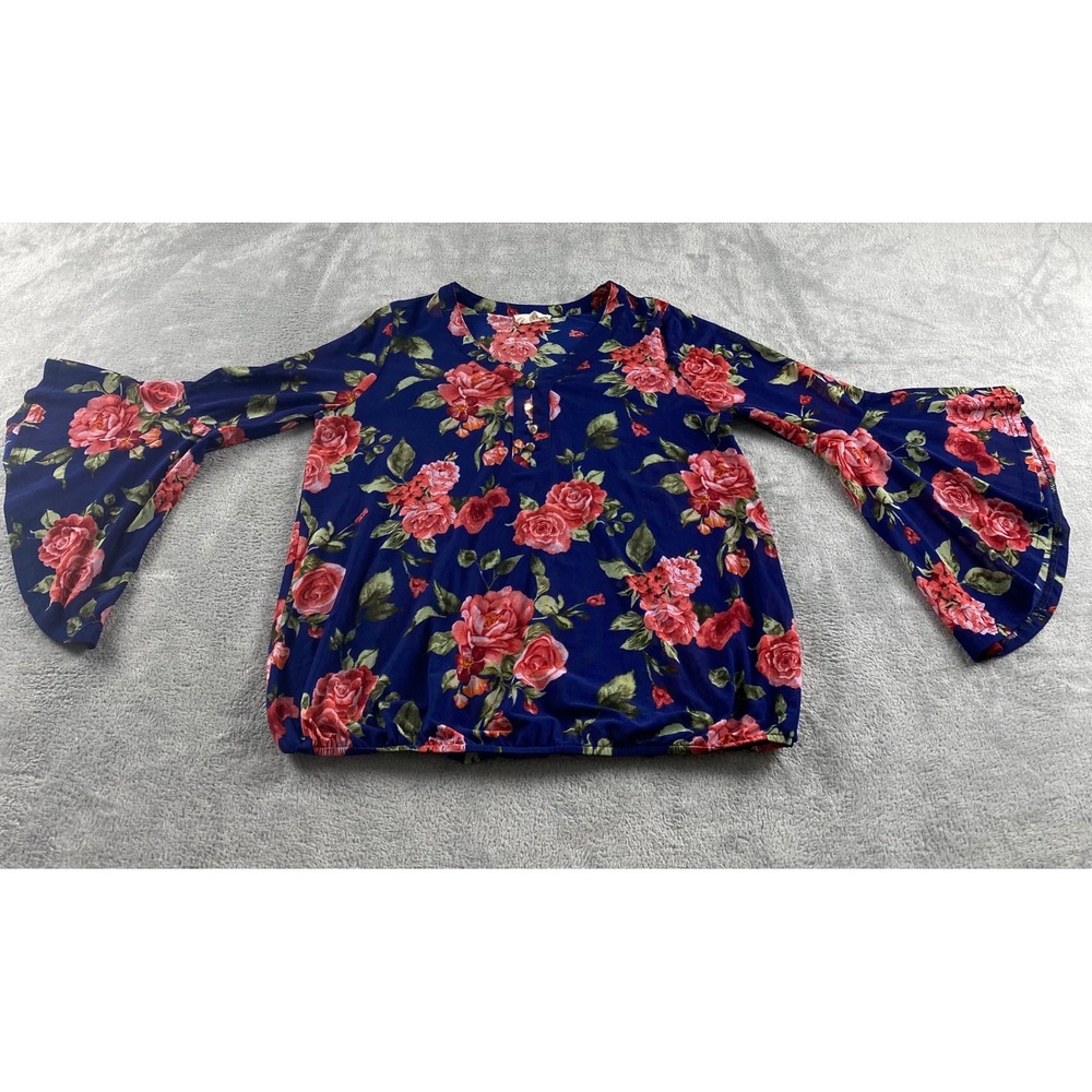 Ember Womens Navy Blue Red Rose Floral Bell Sleeve Bubble Hem Boho Top Small